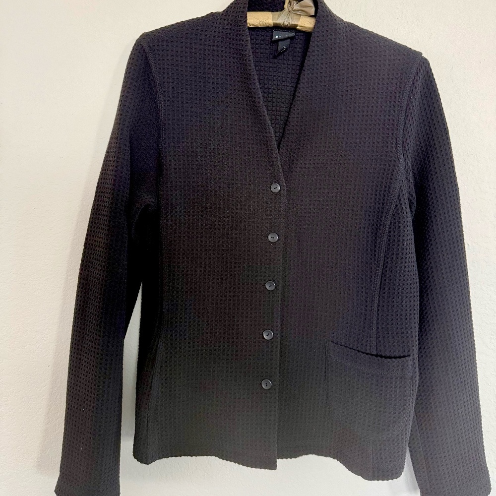 Eileen Fisher Black Waffle Knit Button Blazer SZ-M Made in USA/Italian Fabric